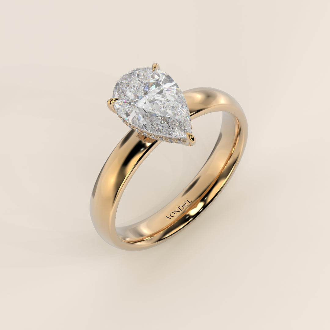Verlovingsring peer lab grown diamant met brede band en hidden halo, geelgoud