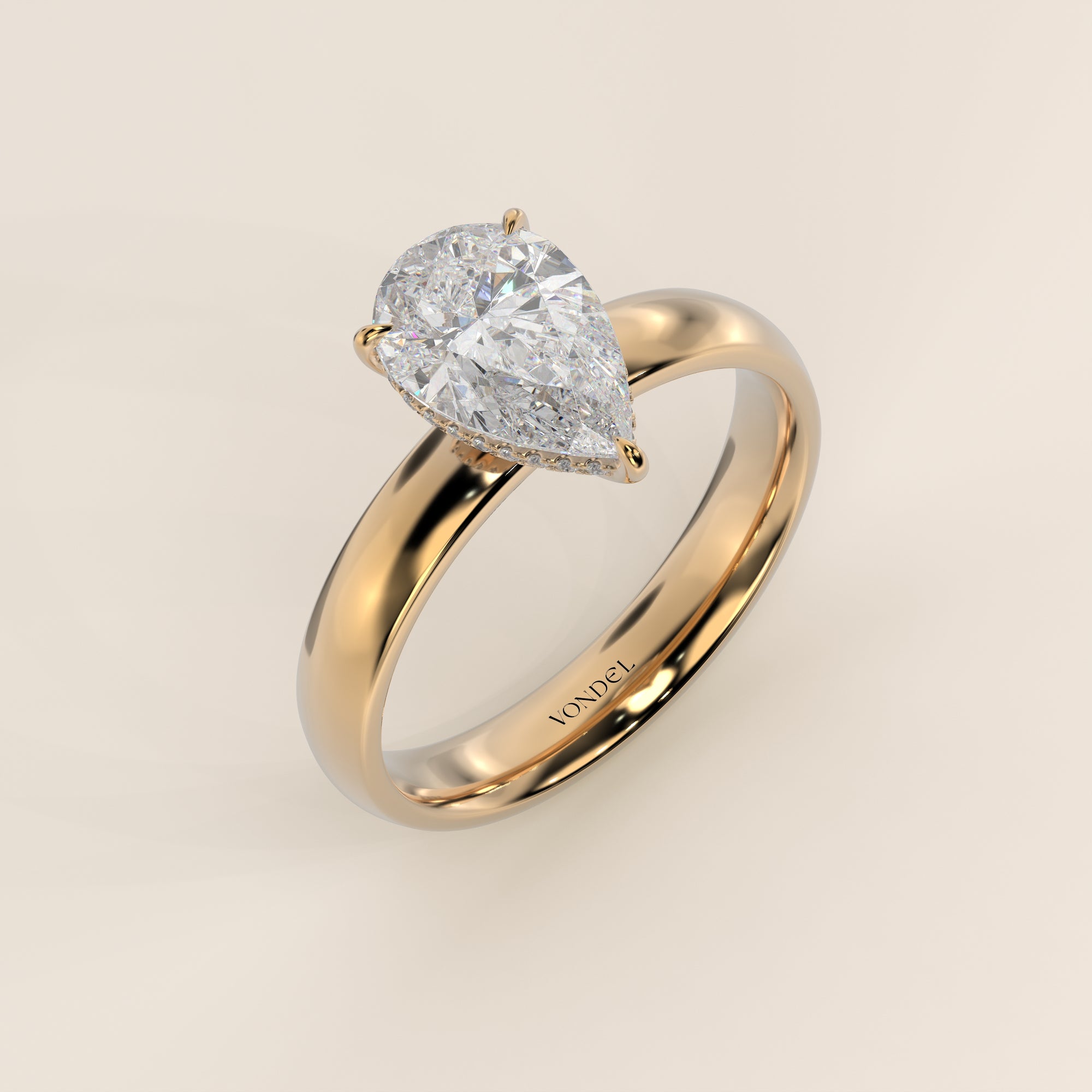 Verlovingsring peer lab grown diamant met brede band en hidden halo, geelgoud