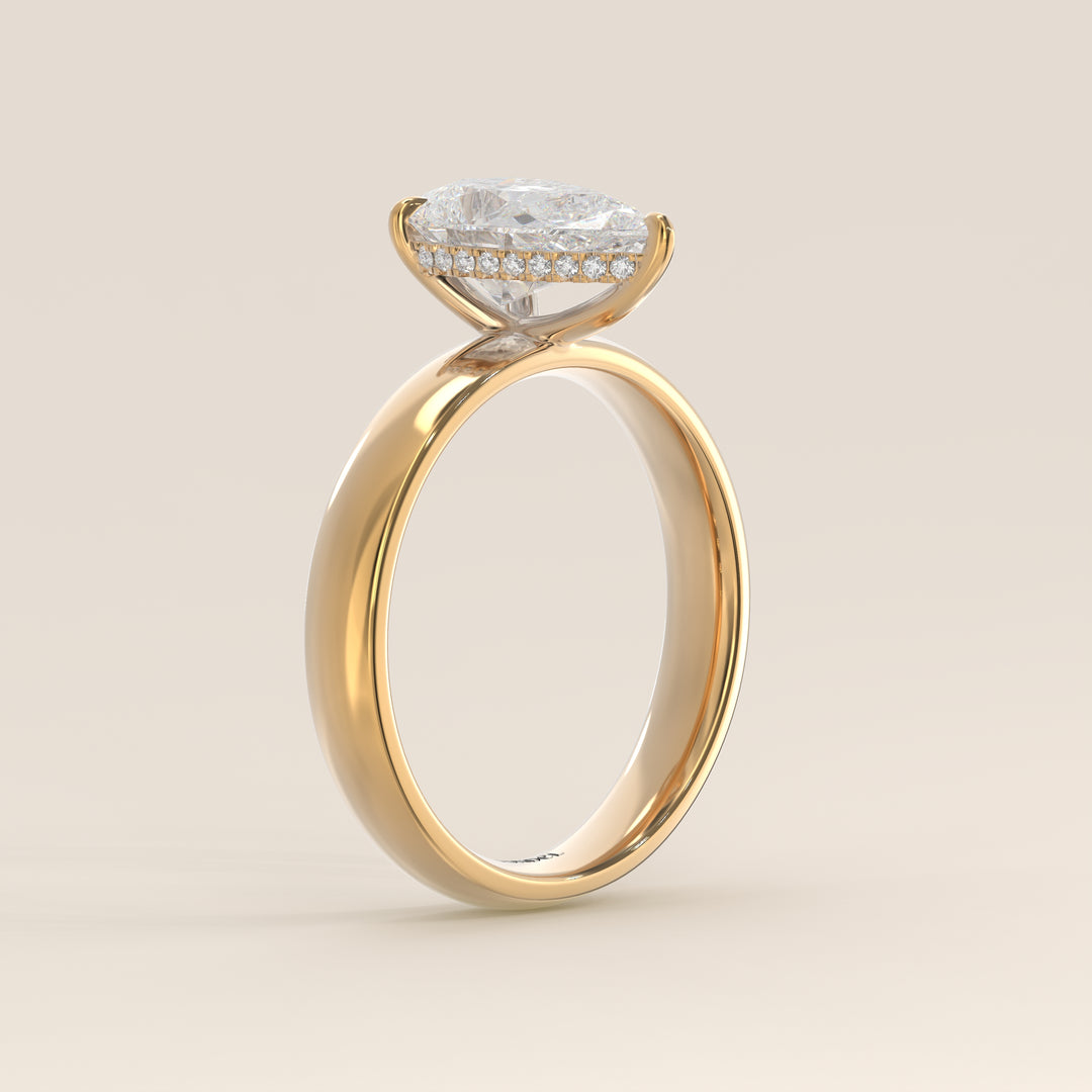 Verlovingsring peer lab grown diamant met brede band en hidden halo, geelgoud