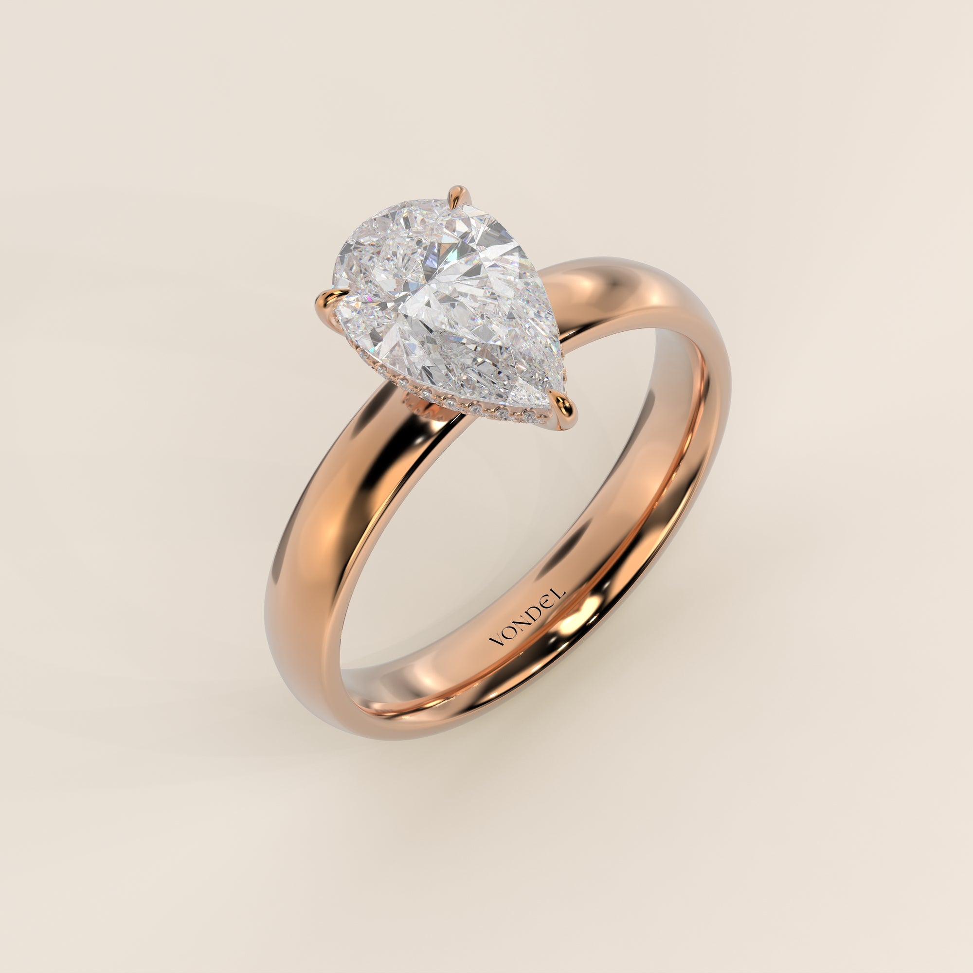 Verlovingsring peer lab grown diamant met brede band en hidden halo, rosegoud
