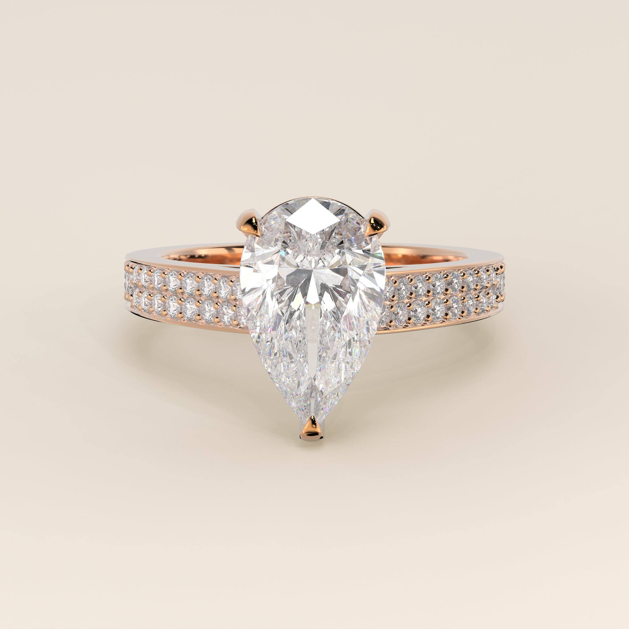 Verlobungsring mit birnenförmigem, im Labor gezüchtetem Diamanten, breiter Pavé-Fassung, Kathedralenfassung und verstecktem Halo, Roségold