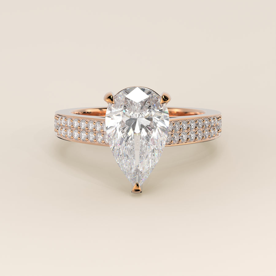 Verlovingsring peer lab grown diamant met brede pave band, cathedral setting en hidden halo, rosegoud
