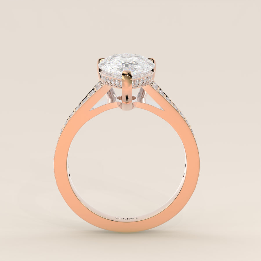 Verlovingsring peer lab grown diamant met brede pave band, cathedral setting en hidden halo, rosegoud