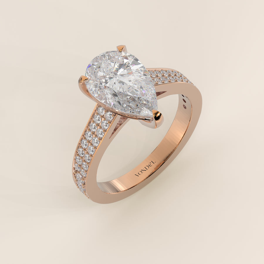 Verlovingsring peer lab grown diamant met brede pave band, cathedral setting en hidden halo, rosegoud