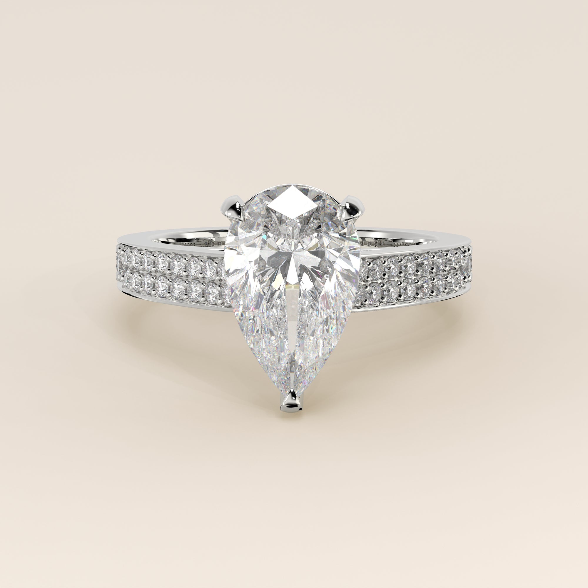 Verlobungsring mit birnenförmigem, im Labor gezüchtetem Diamanten, breiter Pavé-Fassung, Kathedralenfassung und verstecktem Halo, Weißgold