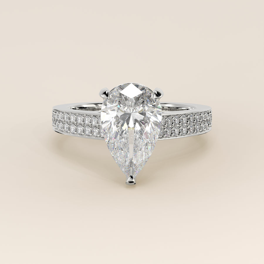 Verlovingsring peer lab grown diamant met brede pave band, cathedral setting en hidden halo, witgoud