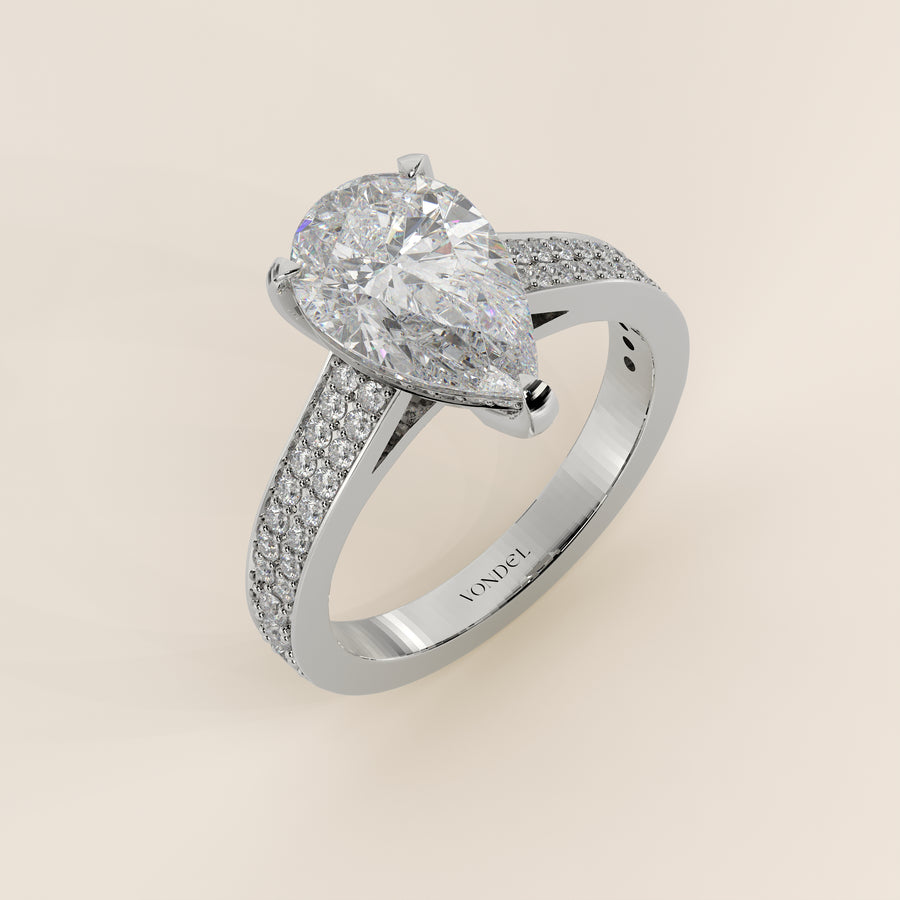 Verlovingsring peer lab grown diamant met brede pave band, cathedral setting en hidden halo, witgoud