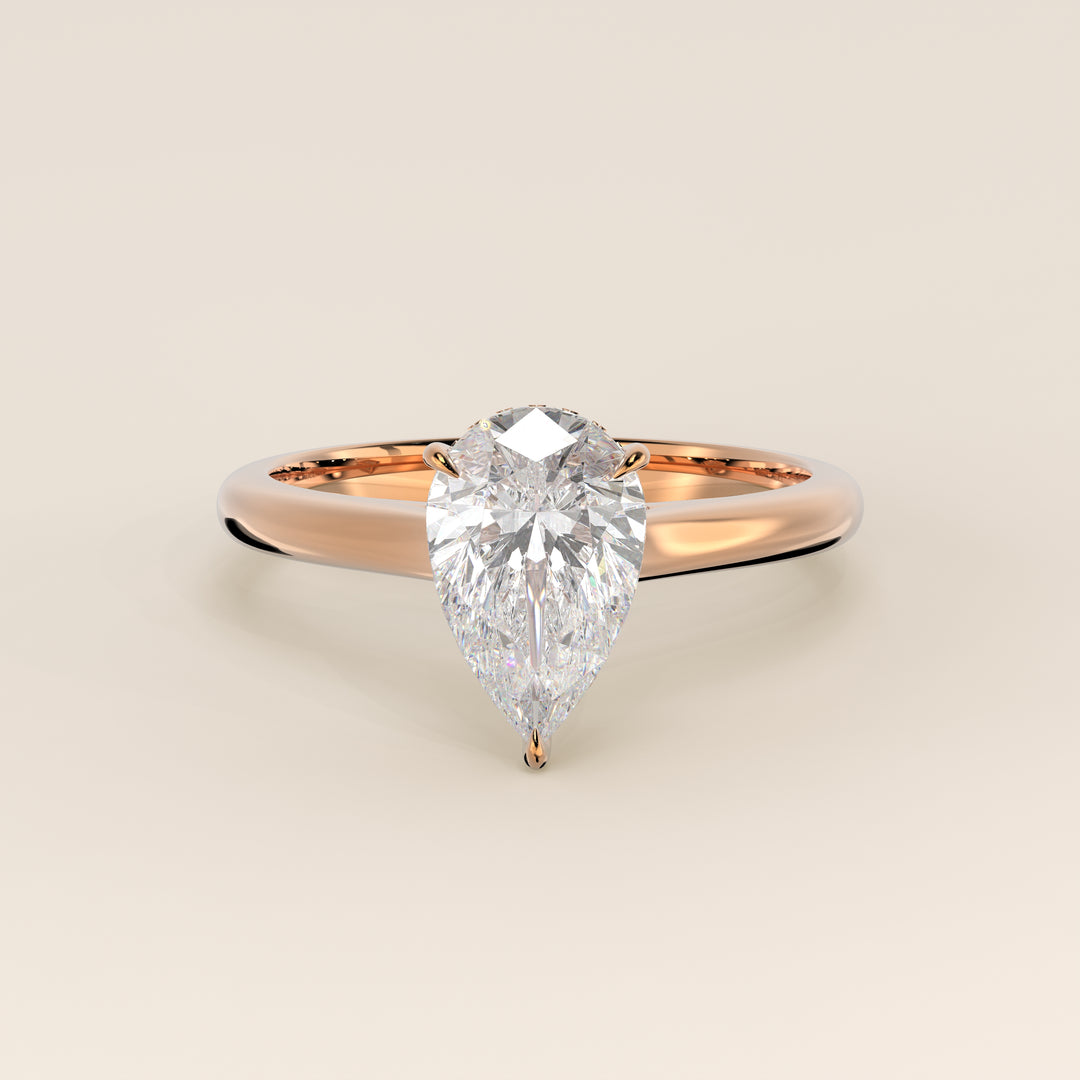 Verlovingsring peer lab grown diamant met cathedral setting, hidden halo en diamond bridge, rosegoud
