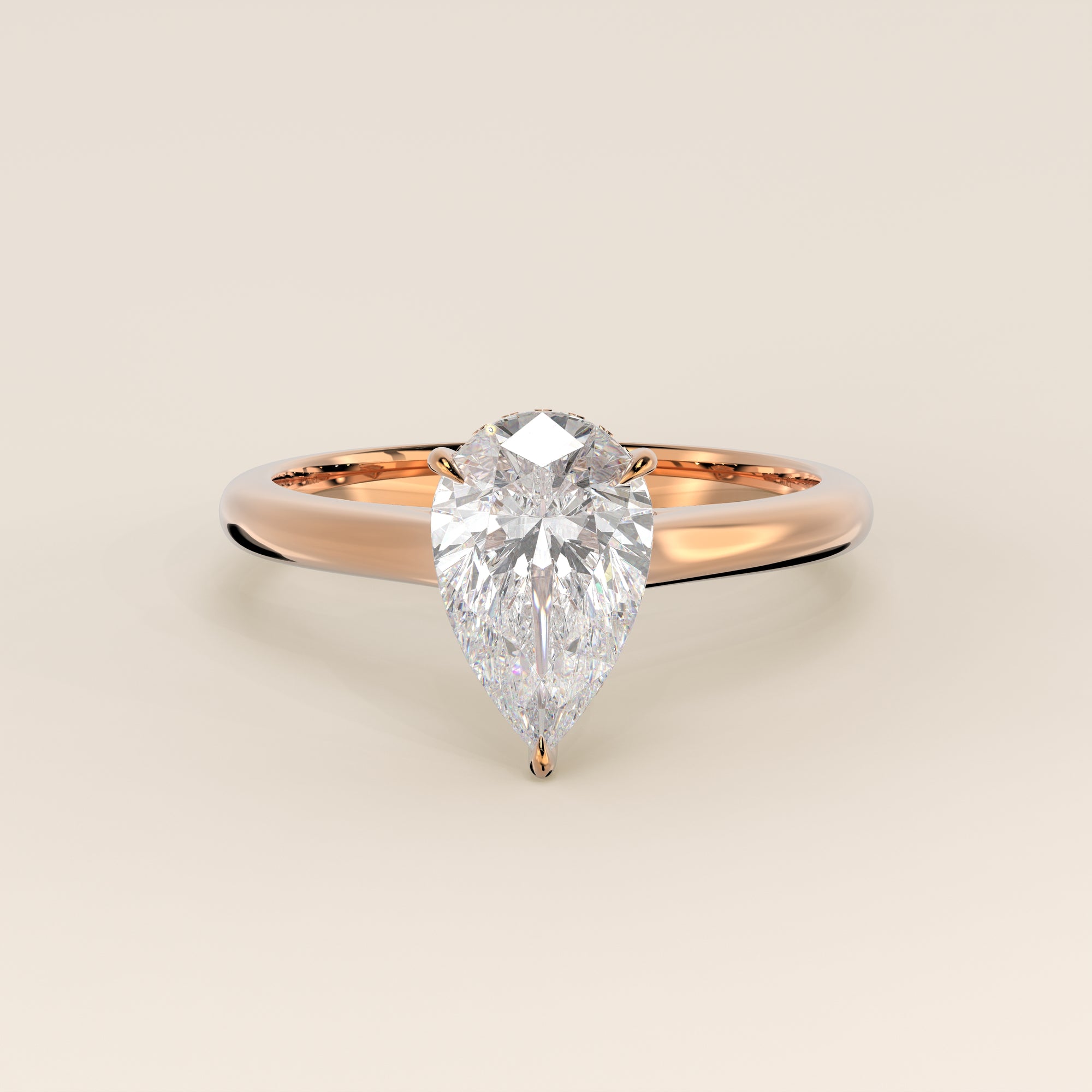 Verlovingsring peer lab grown diamant met cathedral setting, hidden halo en diamond bridge, rosegoud