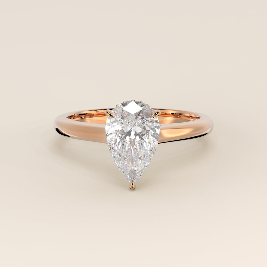 Verlovingsring peer lab grown diamant met cathedral setting, hidden halo en diamond bridge, rosegoud