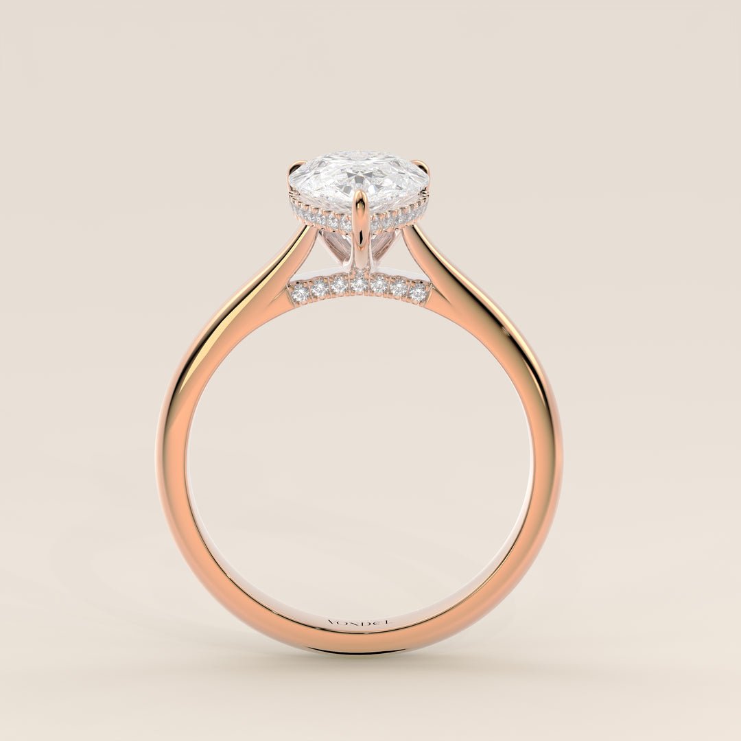 Verlovingsring peer lab grown diamant met cathedral setting, hidden halo en diamond bridge, rosegoud