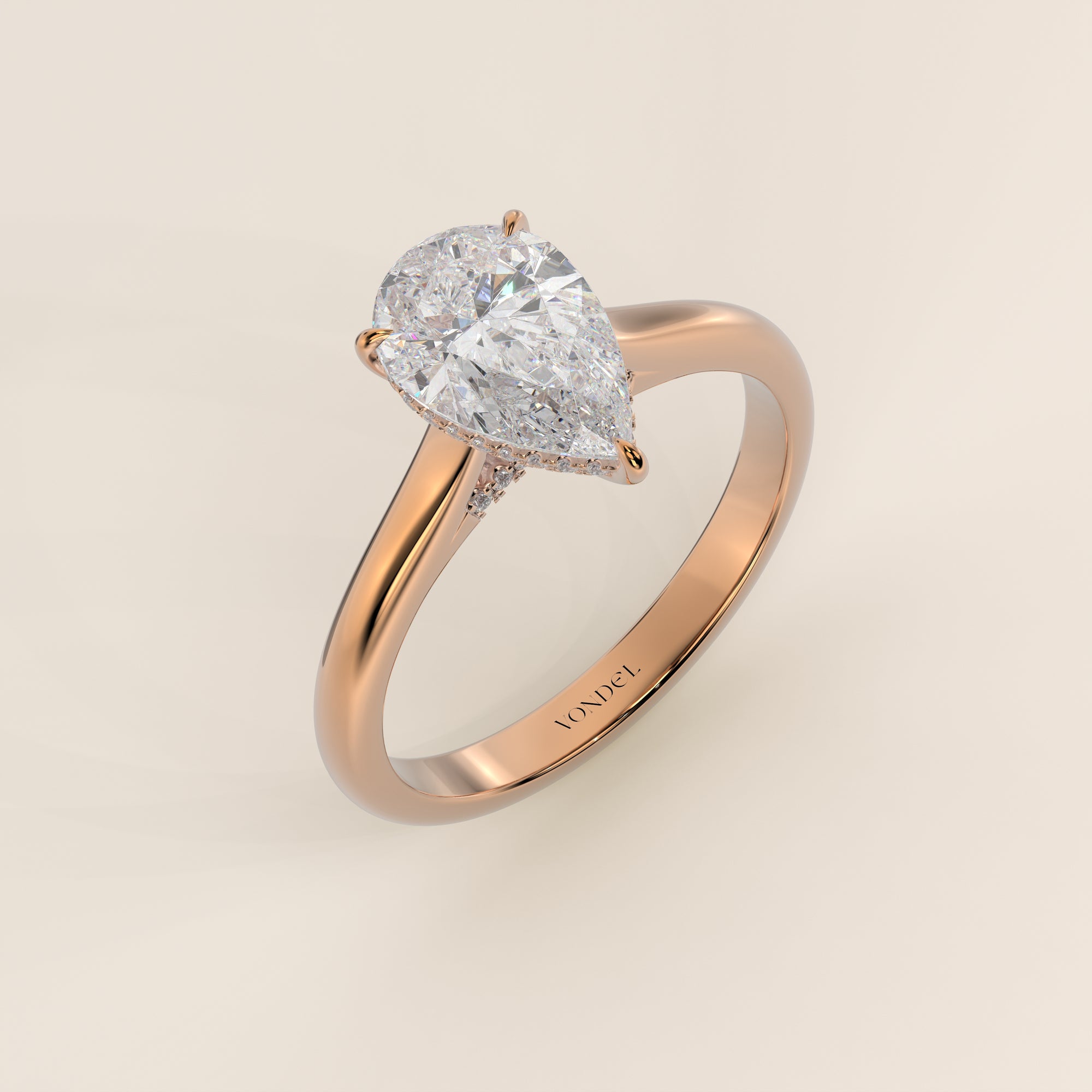 Verlovingsring peer lab grown diamant met cathedral setting, hidden halo en diamond bridge, rosegoud