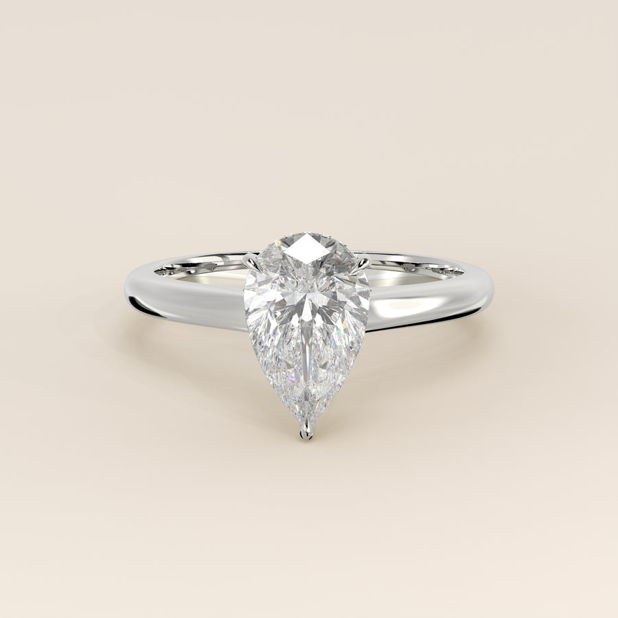 Verlovingsring peer lab grown diamant met cathedral setting, hidden halo en diamond bridge, witgoud