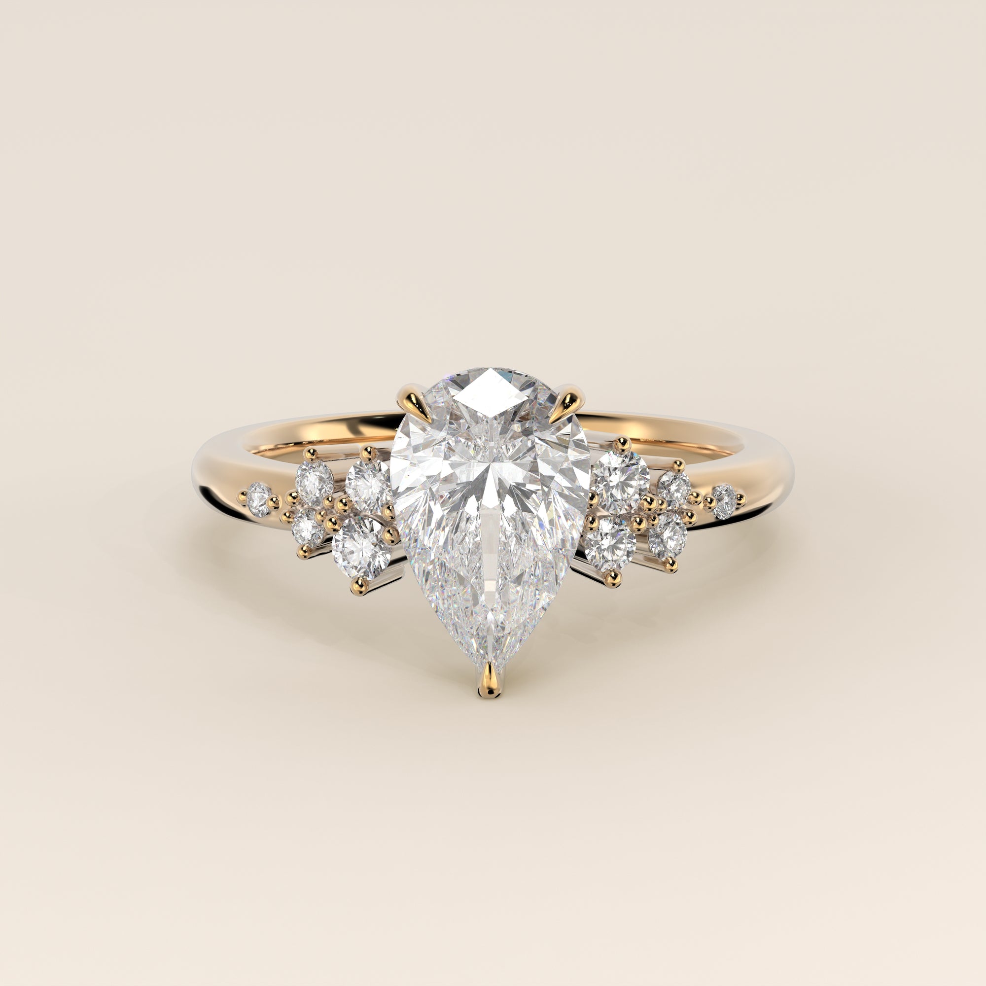 Verlovingsring peer lab grown diamant met hidden halo en lage zetting, geelgoud