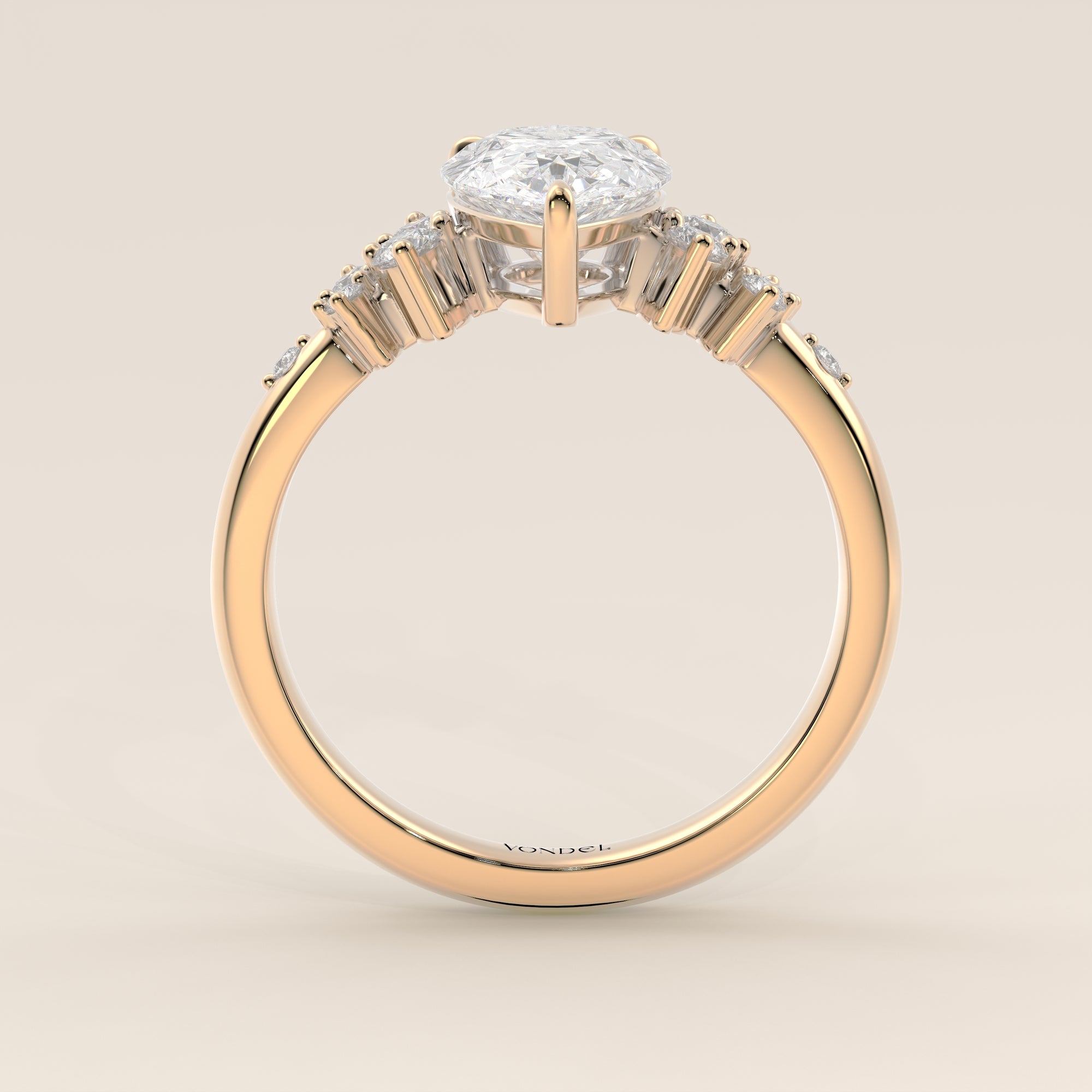Verlovingsring peer lab grown diamant met hidden halo en lage zetting, geelgoud