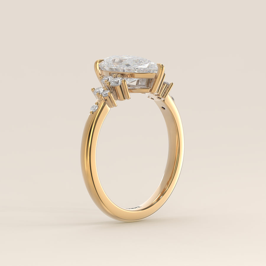 Verlovingsring peer lab grown diamant met hidden halo en lage zetting, geelgoud