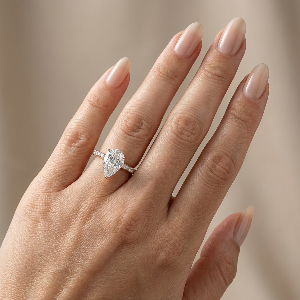 Bague de fiançailles en or rose, sertie d'un diamant de laboratoire taille poire avec halo discret et anneau pavé.