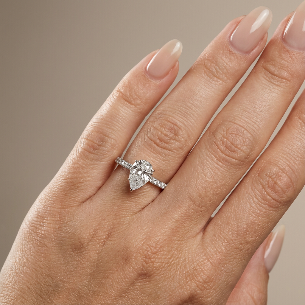 Sylvie - Pear Solitaire Lab Grown Diamond Ring with Hidden Halo and Pa ...
