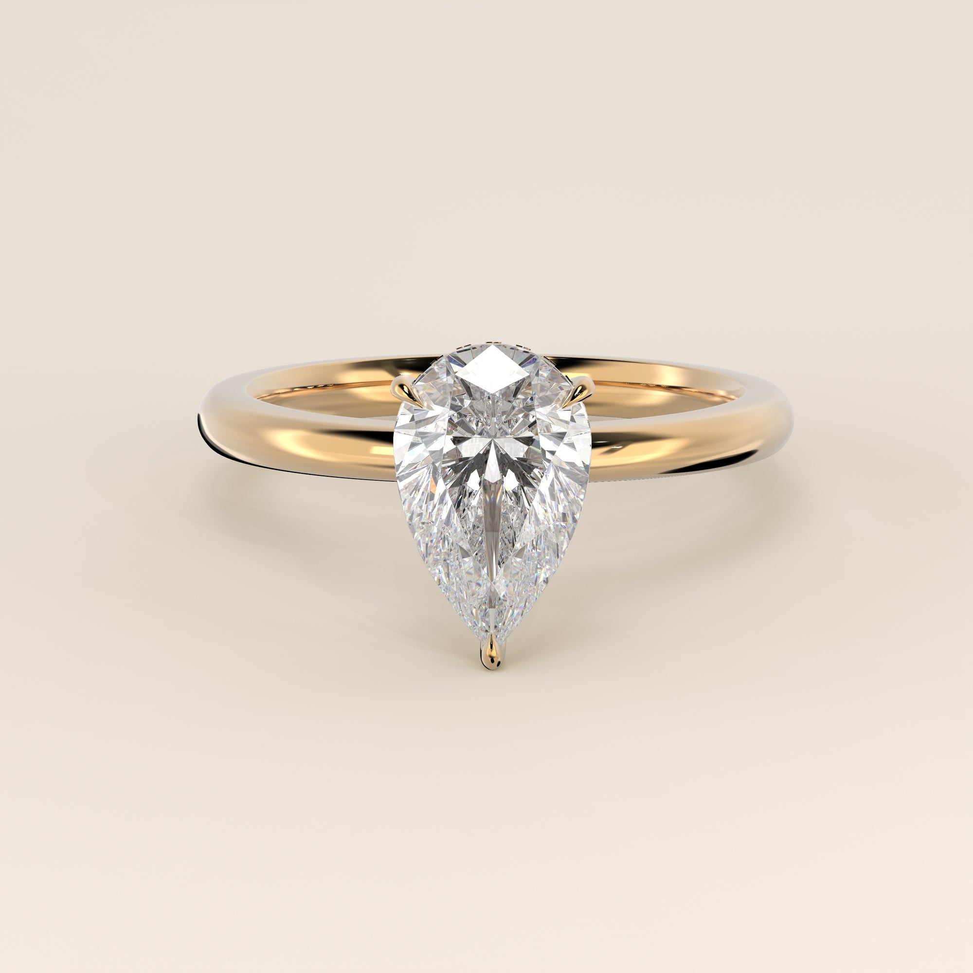 Verlobungsring mit birnenförmigem, im Labor gezüchtetem Diamanten und verstecktem Halo, Gelbgold
