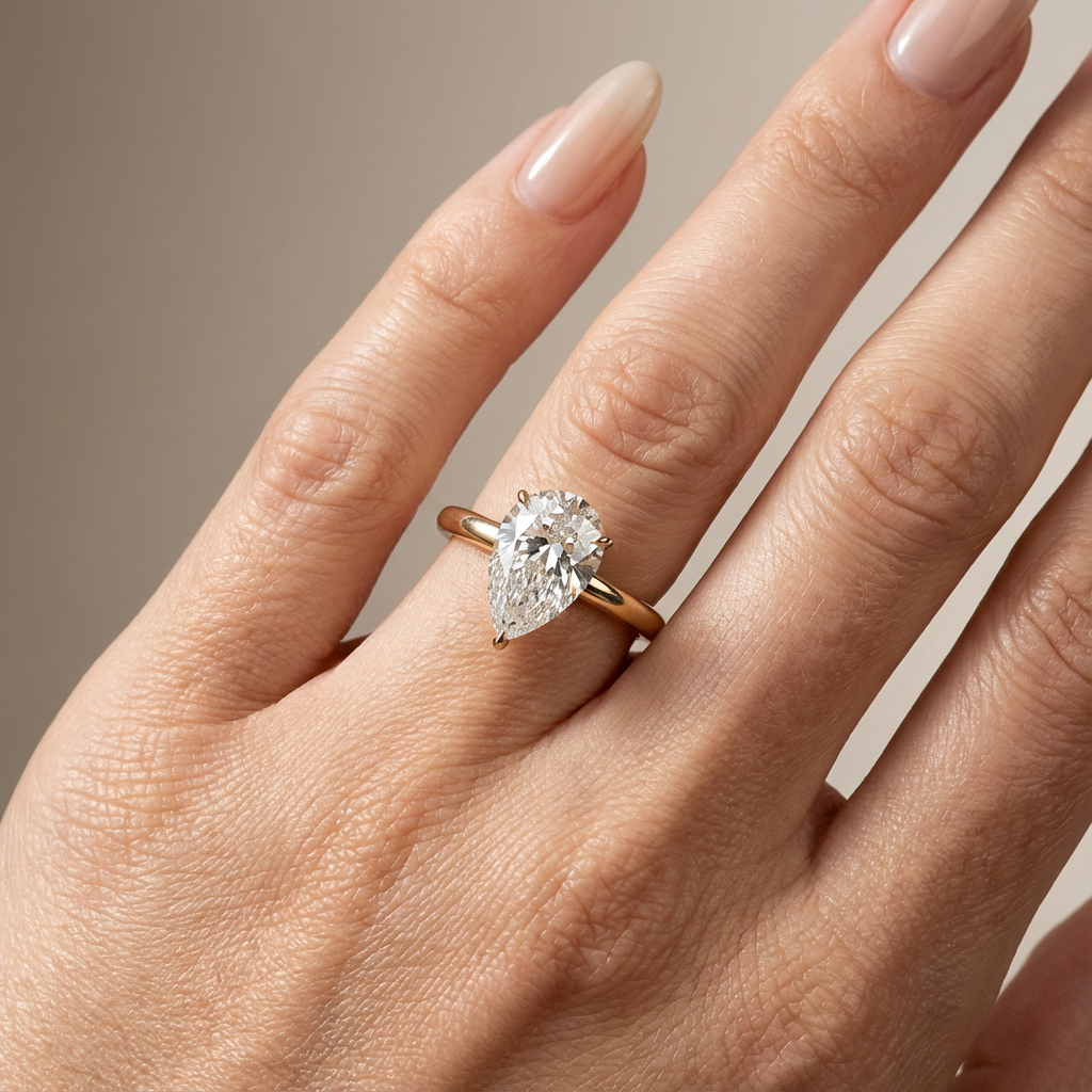 Verlobungsring mit birnenförmigem, im Labor gezüchtetem Diamanten und verstecktem Halo, Gelbgold