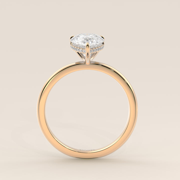 Verlobungsring mit birnenförmigem, im Labor gezüchtetem Diamanten und verstecktem Halo, Gelbgold