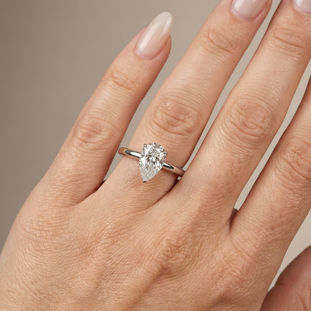 Verlobungsring mit birnenförmigem, im Labor gezüchtetem Diamanten und verstecktem Halo, Weißgold