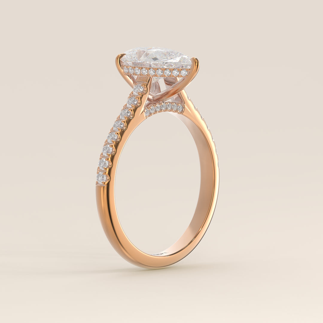Verlovingsring peer lab grown diamant met pave band, hidden halo en diamond bridge, rosegoud