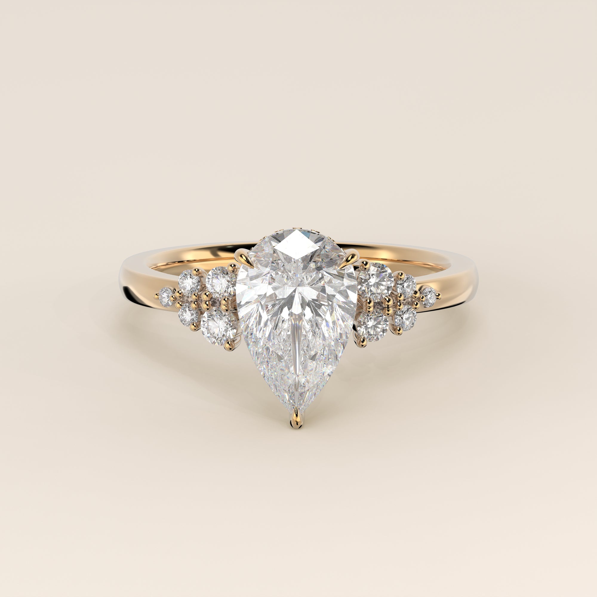 Verlovingsring peer lab grown diamant met snowdrift en hidden halo, geelgoud