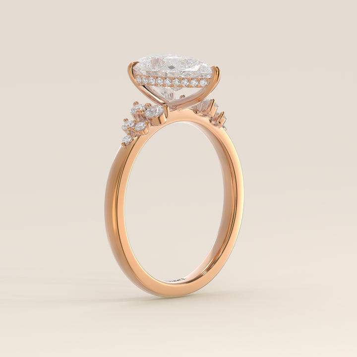 Verlovingsring peer lab grown diamant met snowdrift en hidden halo, rosegoud