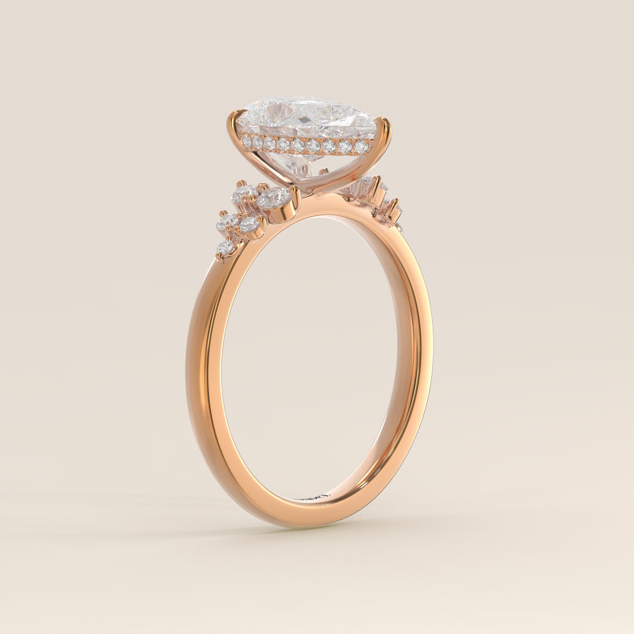 Verlovingsring peer lab grown diamant met snowdrift en hidden halo, rosegoud