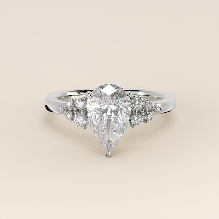 Verlovingsring peer lab grown diamant met snowdrift en hidden halo, witgoud