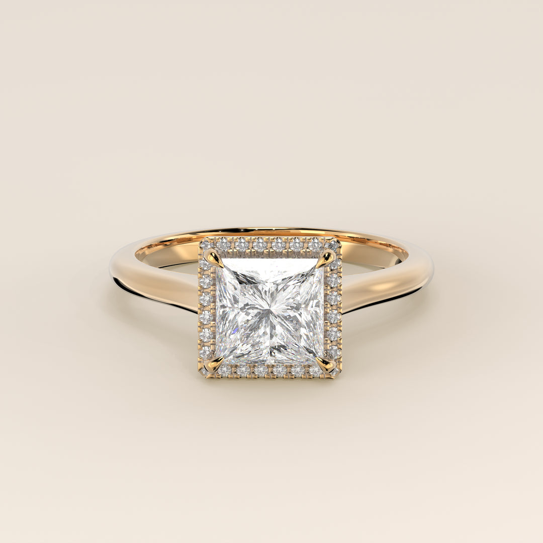 Verlovingsring princess halo lab grown diamant met cathedral en hoge zetting, geelgoud