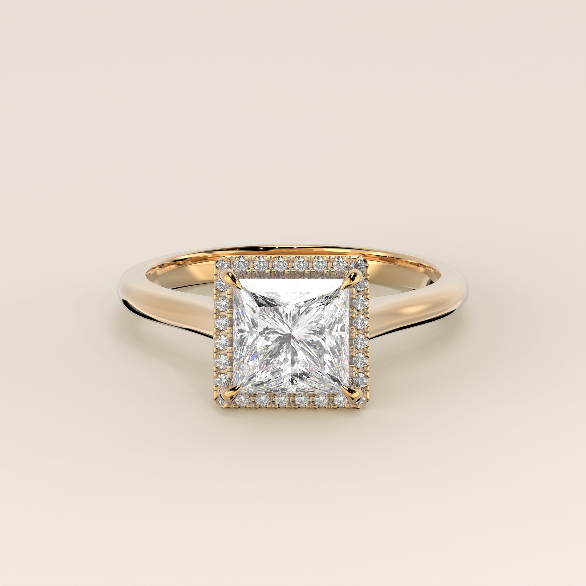 Verlovingsring princess halo lab grown diamant met cathedral en hoge zetting, geelgoud