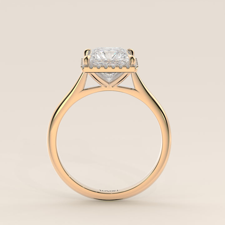 Verlovingsring princess halo lab grown diamant met cathedral en hoge zetting, geelgoud