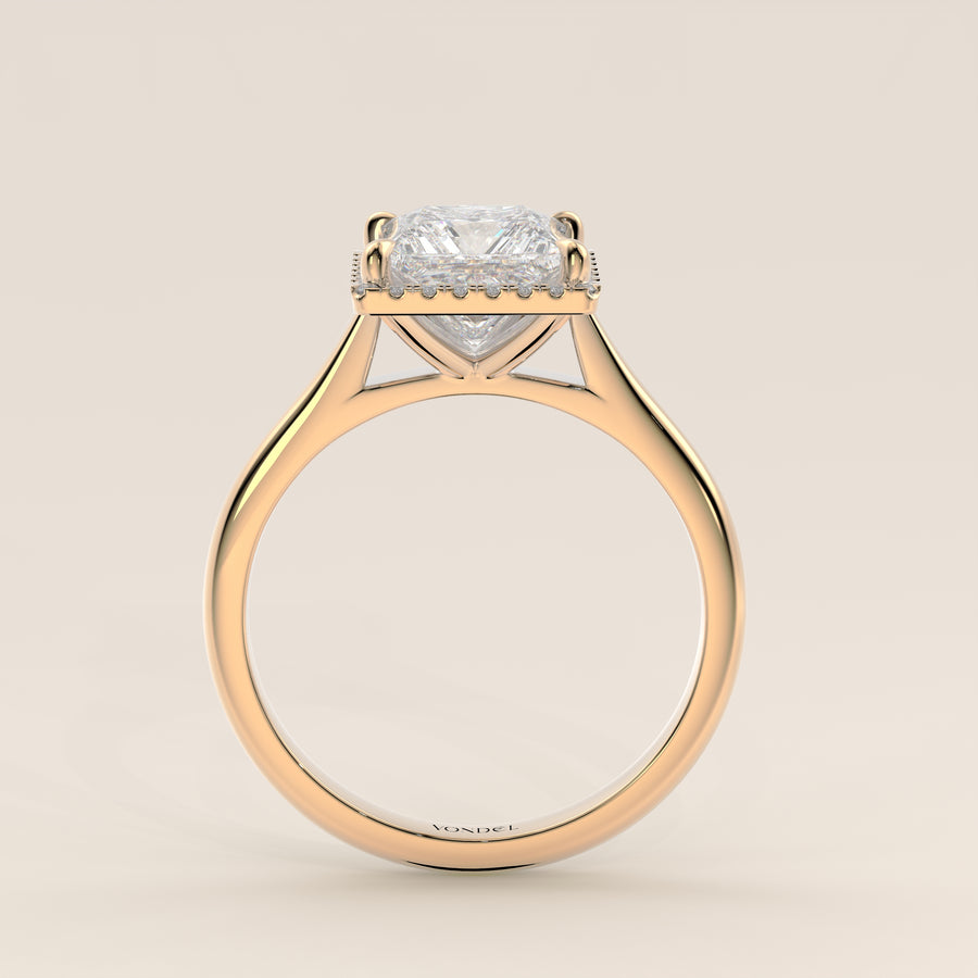 Verlovingsring princess halo lab grown diamant met cathedral en hoge zetting, geelgoud