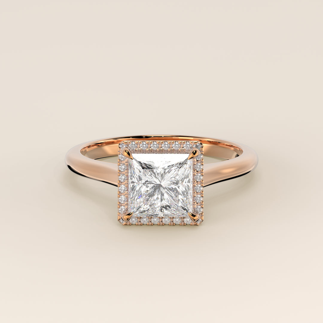Verlovingsring princess halo lab grown diamant met cathedral en hoge zetting, rosegoud