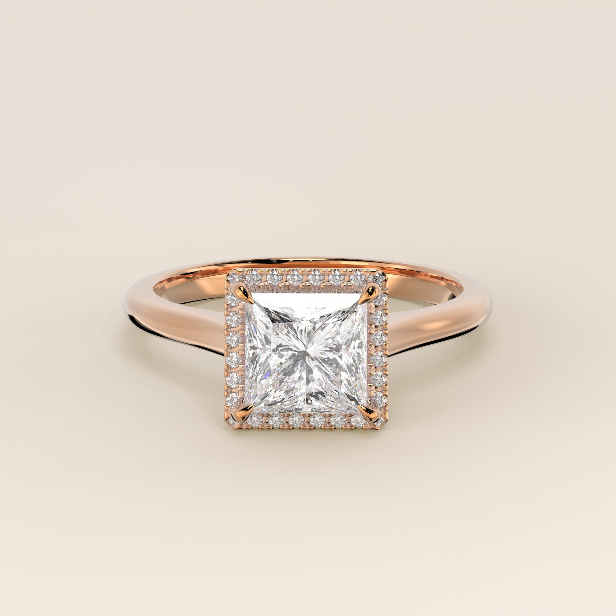 Verlovingsring princess halo lab grown diamant met cathedral en hoge zetting, rosegoud