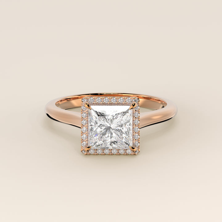 Verlovingsring princess halo lab grown diamant met cathedral en hoge zetting, rosegoud