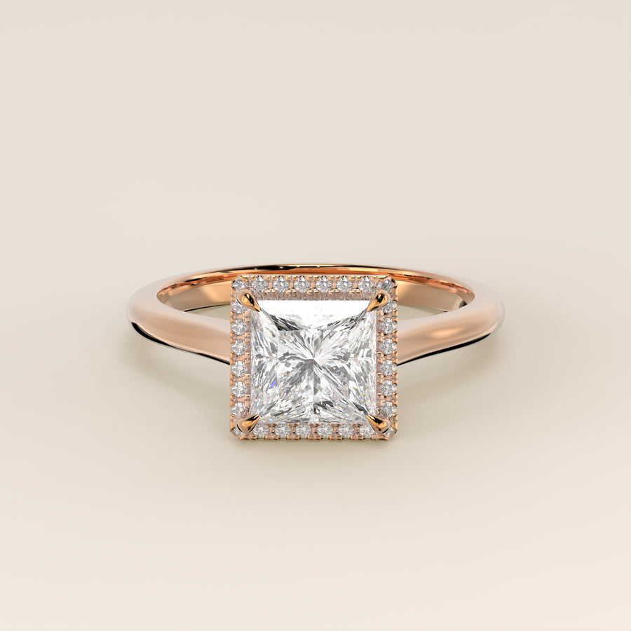 Verlovingsring princess halo lab grown diamant met cathedral en hoge zetting, rosegoud