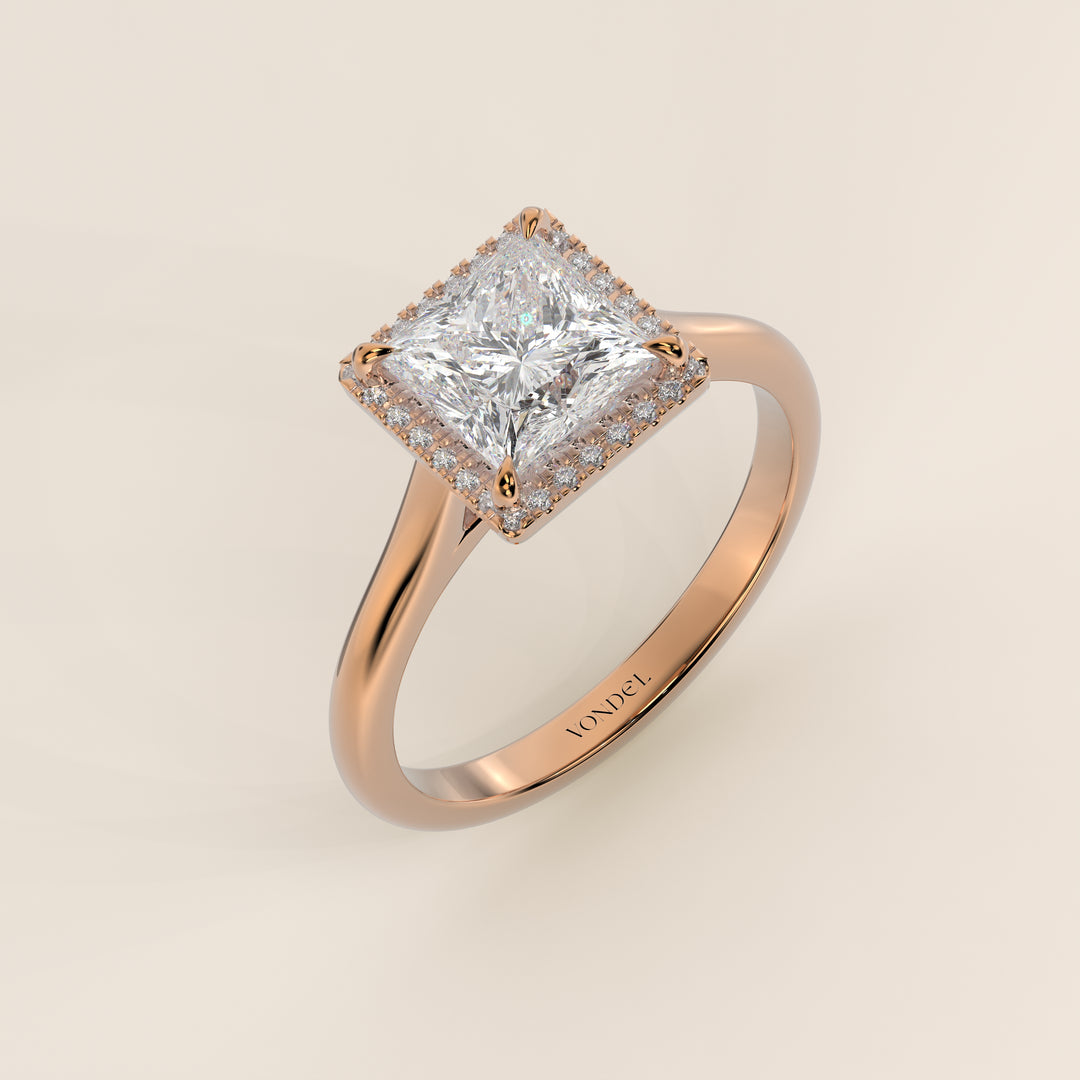 Verlovingsring princess halo lab grown diamant met cathedral en hoge zetting, rosegoud