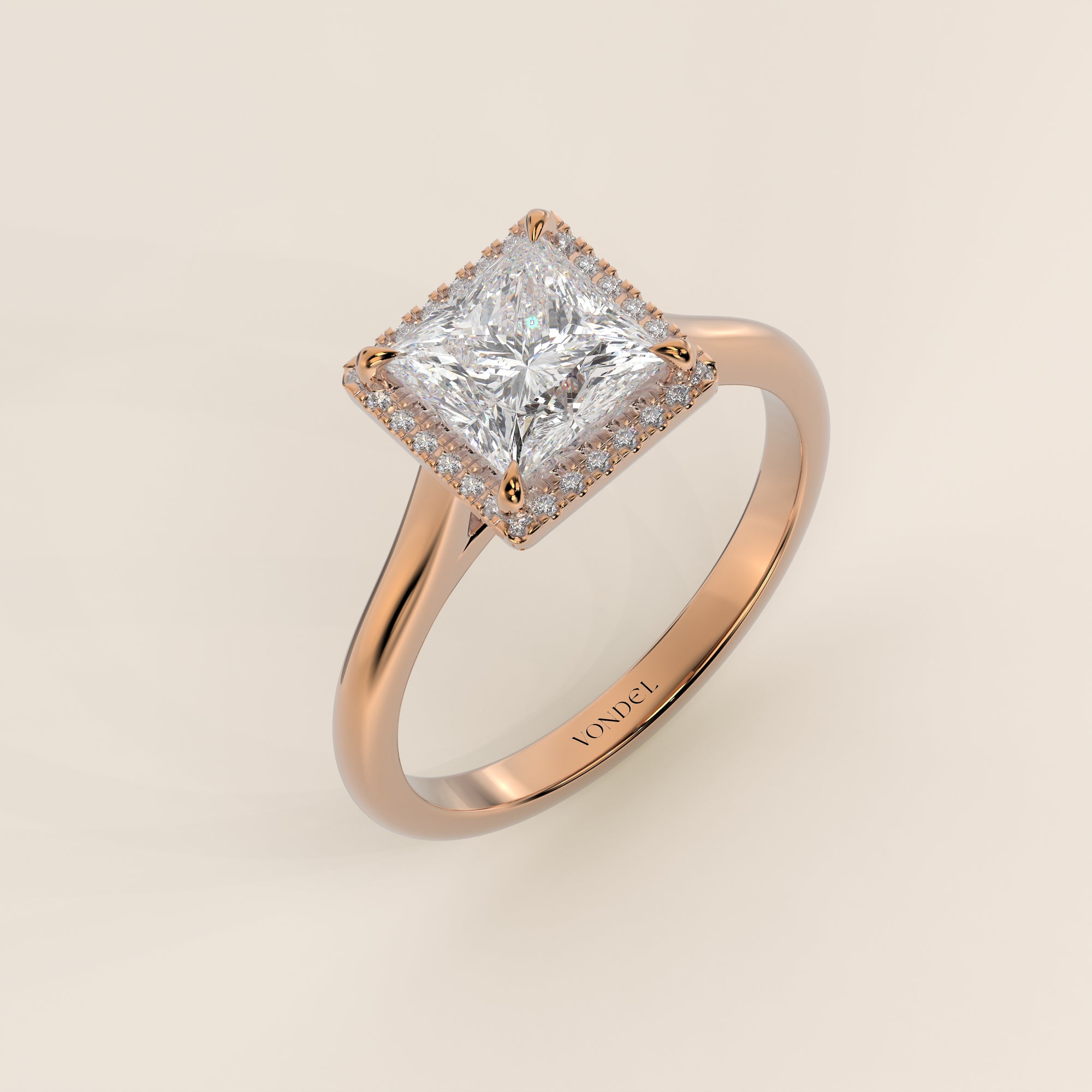 Verlovingsring princess halo lab grown diamant met cathedral en hoge zetting, rosegoud