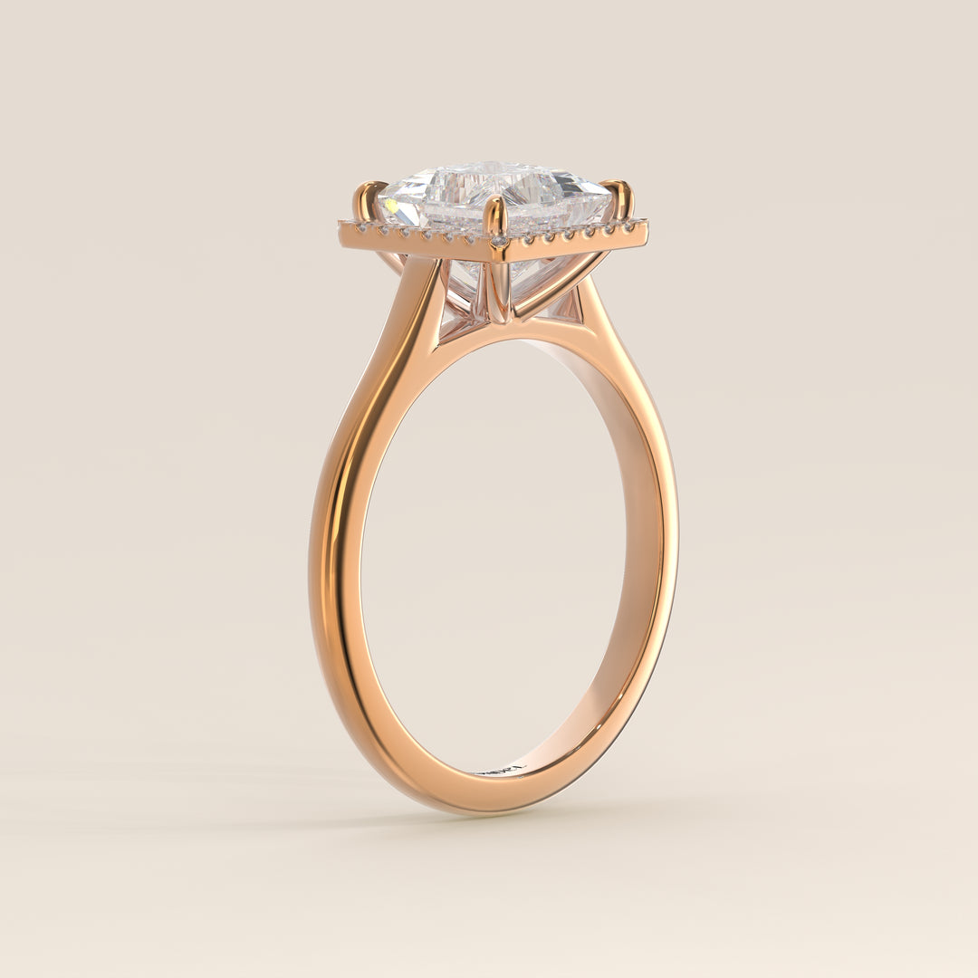 Verlovingsring princess halo lab grown diamant met cathedral en hoge zetting, rosegoud