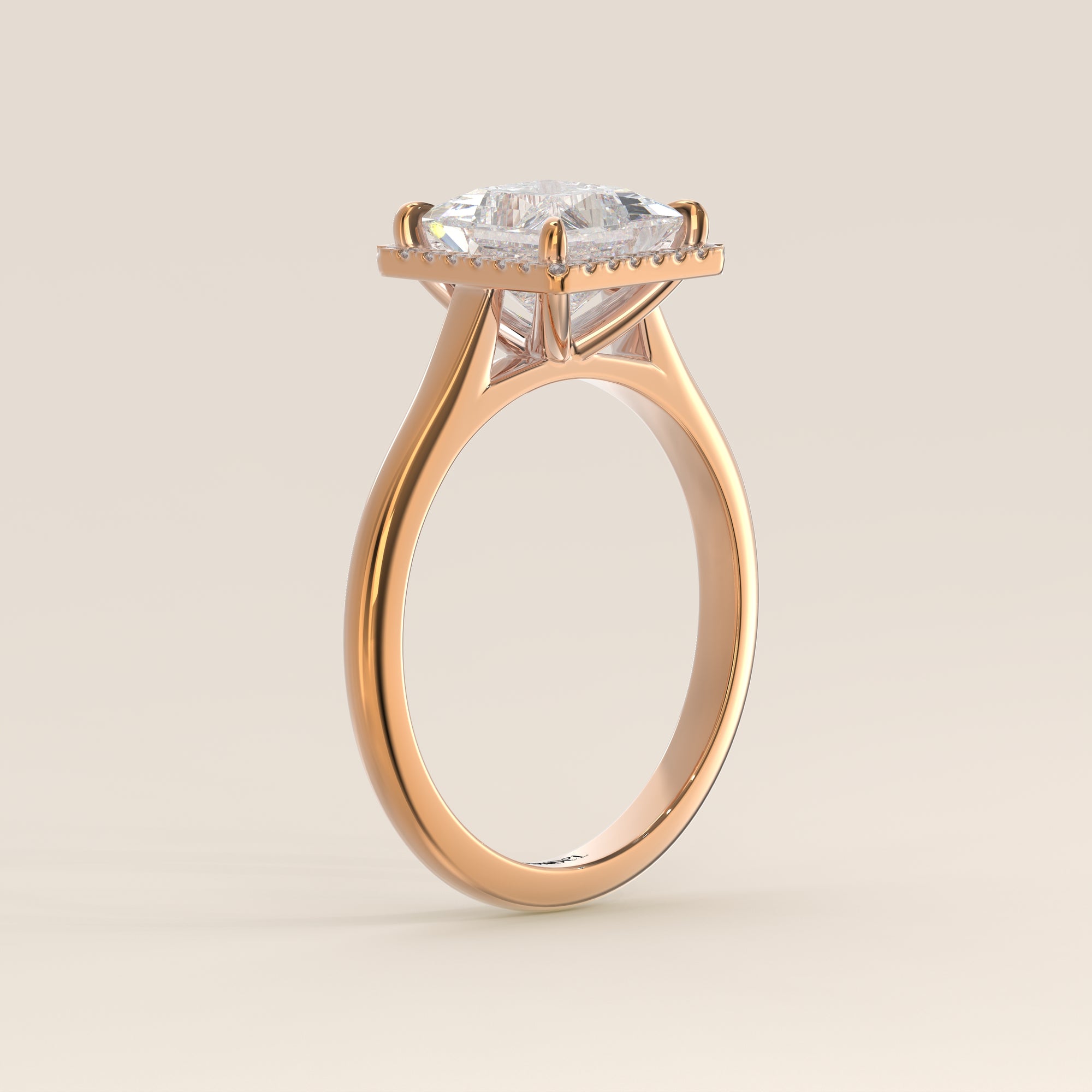 Verlovingsring princess halo lab grown diamant met cathedral en hoge zetting, rosegoud