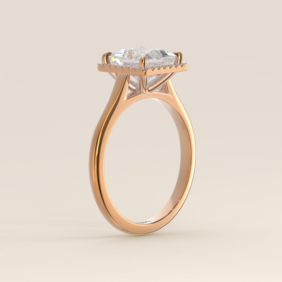 Verlovingsring princess halo lab grown diamant met cathedral en hoge zetting, rosegoud