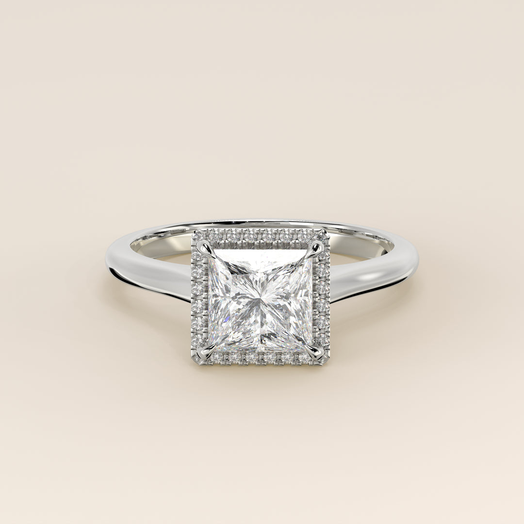 Verlovingsring princess halo lab grown diamant met cathedral en hoge zetting, witgoud