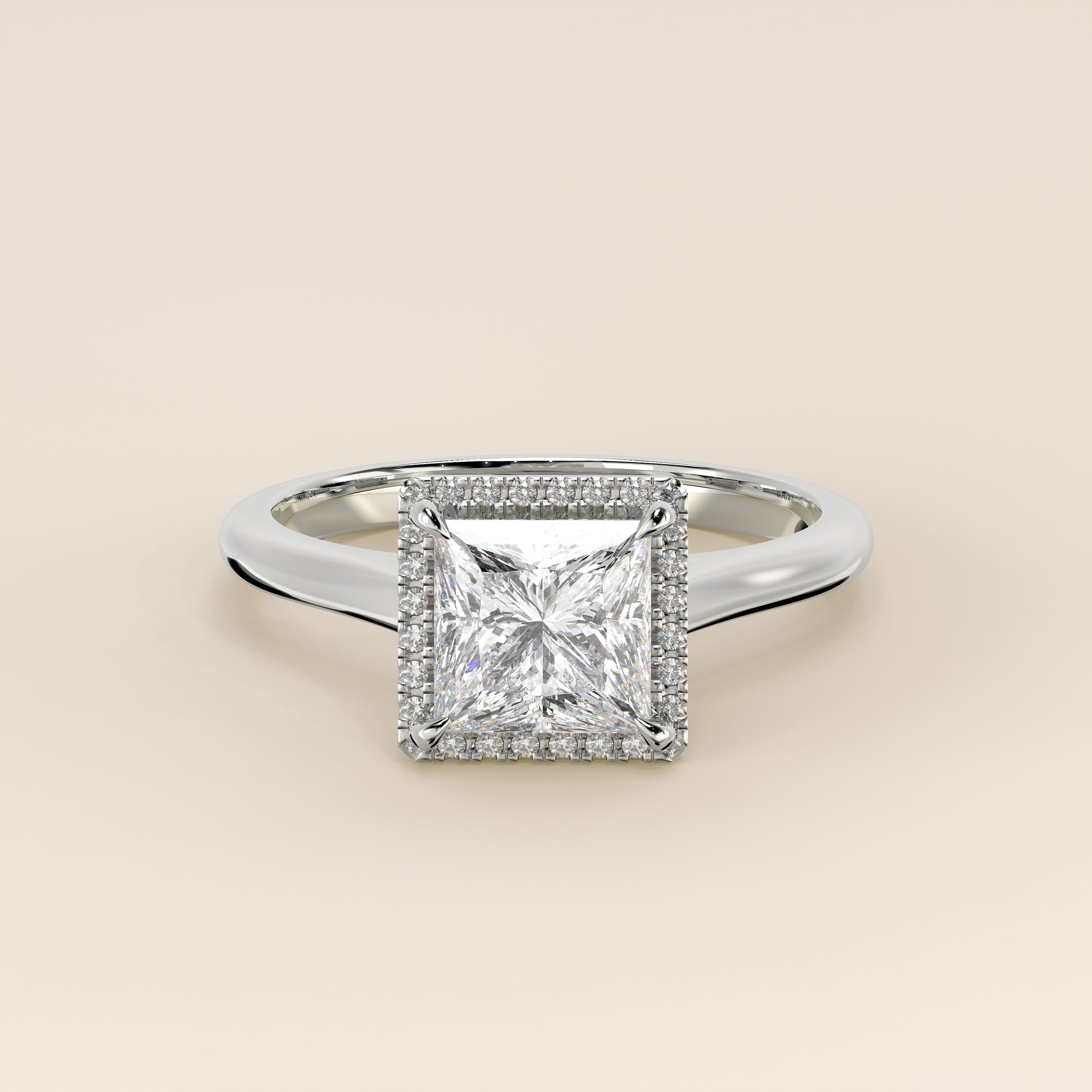 Verlovingsring princess halo lab grown diamant met cathedral en hoge zetting, witgoud