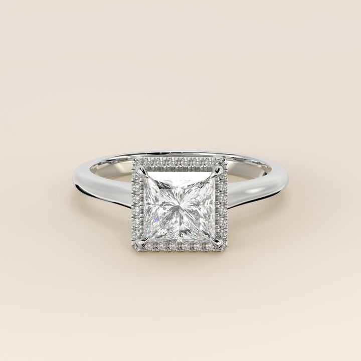 Verlovingsring princess halo lab grown diamant met cathedral en hoge zetting, witgoud
