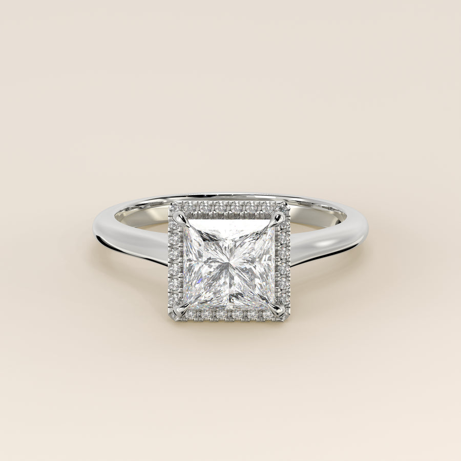 Verlovingsring princess halo lab grown diamant met cathedral en hoge zetting, witgoud