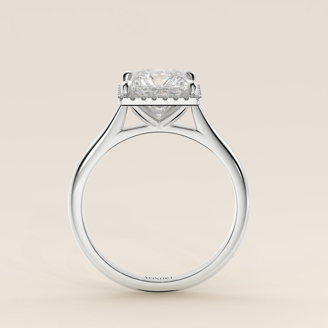 Verlovingsring princess halo lab grown diamant met cathedral en hoge zetting, witgoud