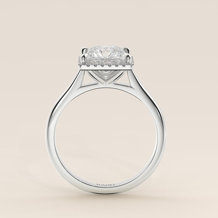 Verlovingsring princess halo lab grown diamant met cathedral en hoge zetting, witgoud